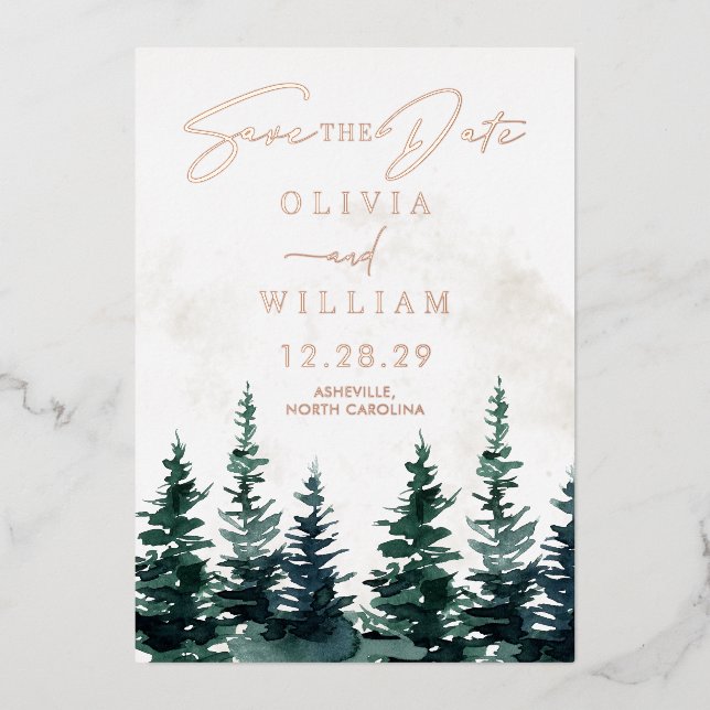 Winter Christmas Trees Holiday Save The Date Foil Invitation (Front)