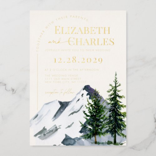 Winter Christmas Trees Mountains Holiday Wedding Foil Invitation