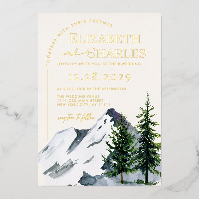 Winter Christmas Trees Mountains Holiday Wedding Foil Invitation (Front)