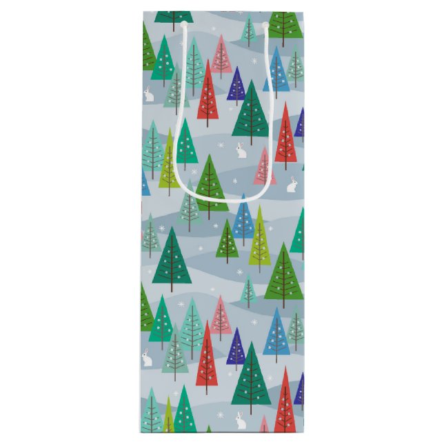 Winter Christmas Trees Retro Inspired Wine Gift Bag (Front)