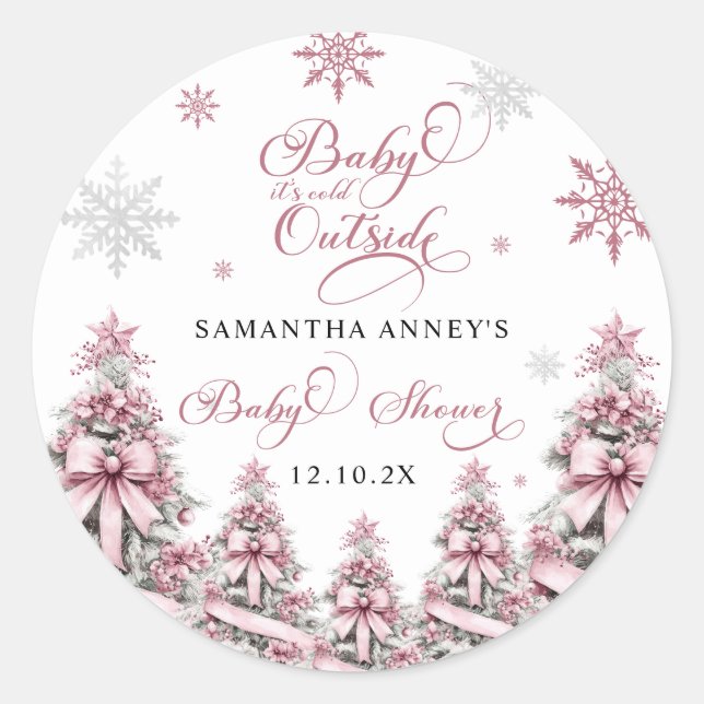 Winter Christmas Trees Snowflakes Pink Baby Shower Classic Round Sticker (Front)