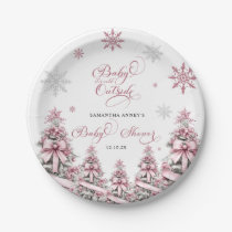 Winter Christmas Trees Snowflakes Pink Baby Shower Paper Plates