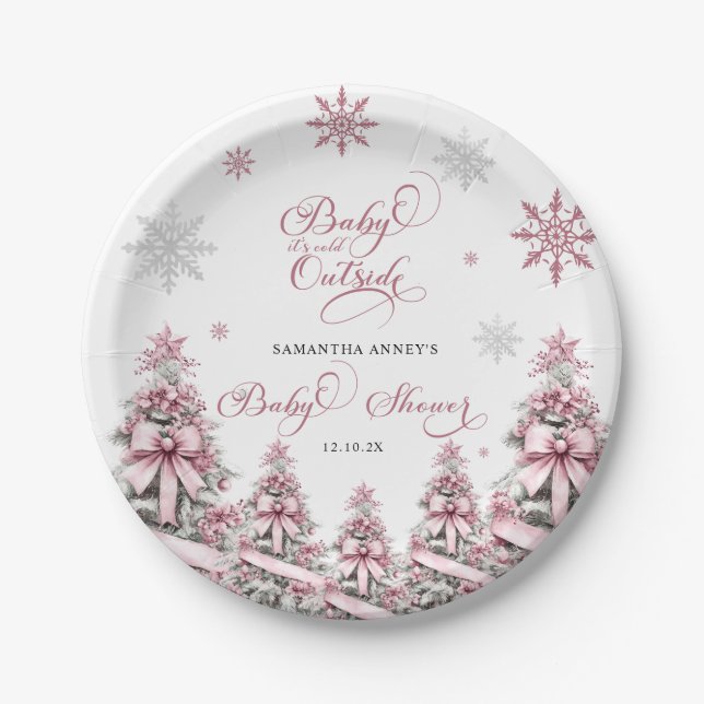 Winter Christmas Trees Snowflakes Pink Baby Shower Paper Plates (Front)