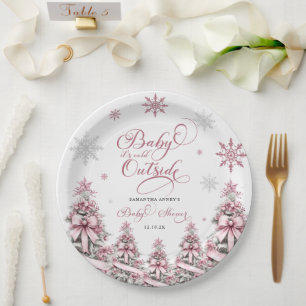 Winter Christmas Trees Snowflakes Pink Baby Shower Paper Plates