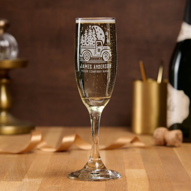 Winter Christmas Truck Personalized Name Corporate Champagne Flute (Party)