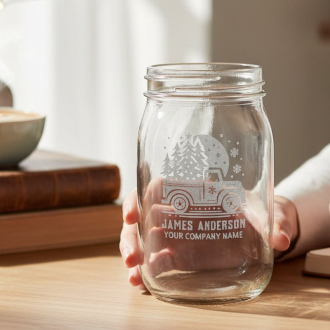 Winter Christmas Truck Personalized Name Corporate Mason Jar (Creator Uploaded)