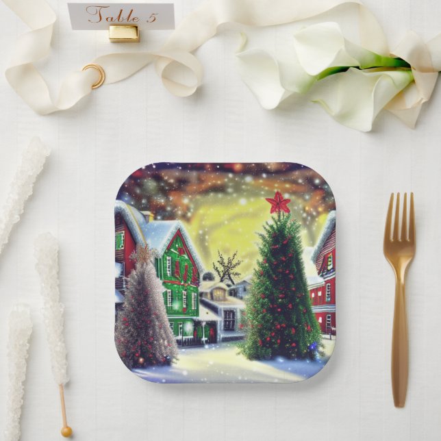 Winter Christmas Village Scene Paper Plates (Wedding)