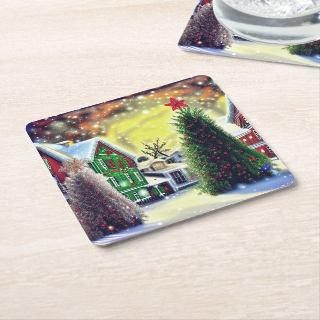 Winter Christmas Village Scene Square Paper Coaster (Angled)