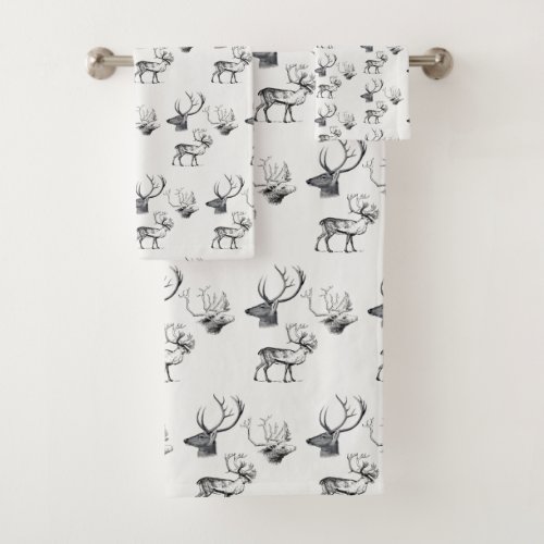 Winter Christmas Vintage Deer Head Antlers Pattern Bath Towel Set