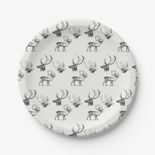 Winter Christmas Vintage Deer Head Antlers Pattern Paper Plates