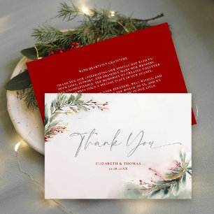 Winter Christmas Watercolor Greenery Red Green Thank You Card