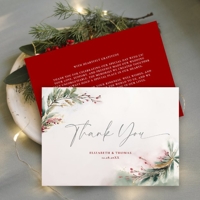Winter Christmas Watercolor Greenery Red Green Thank You Card (winter christmas wedding bridal shower thank you greenery botanical berries red green watercolor)