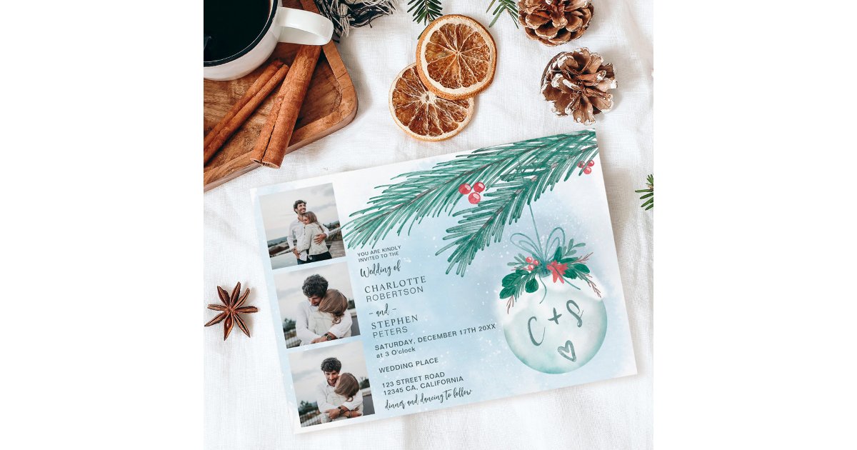 Grid Invitation Winter Christmas wedding initials 4 photos grid Invitation | Zazzle