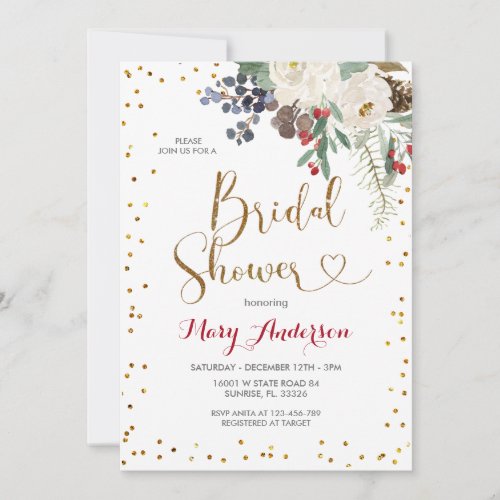 Winter Christmas White Floral Bridal Shower  Invitation