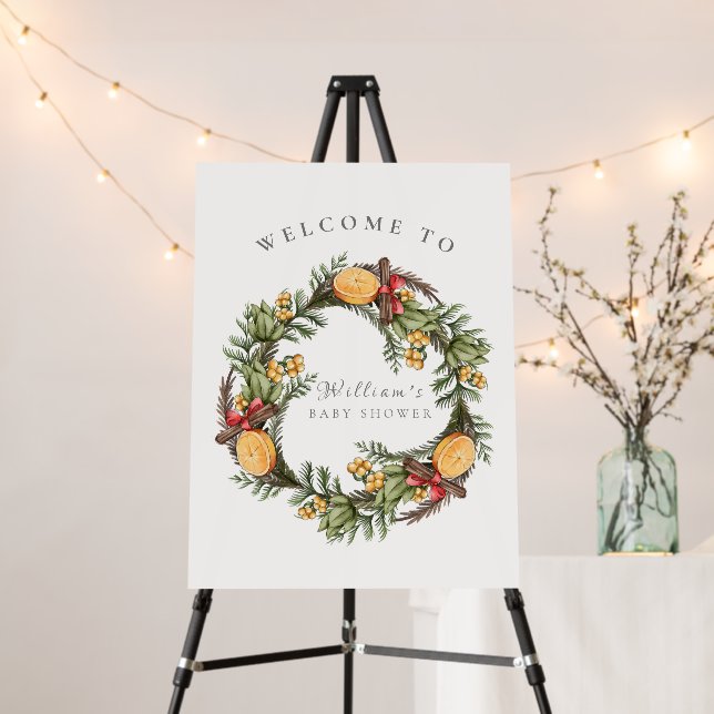 Winter Christmas Wreath Baby Shower Welcome Sign (In Situ (Stand))