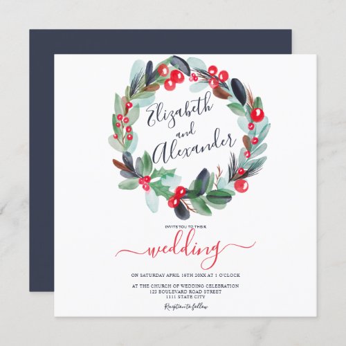 Winter Christmas wreath floral watercolor wedding  Invitation