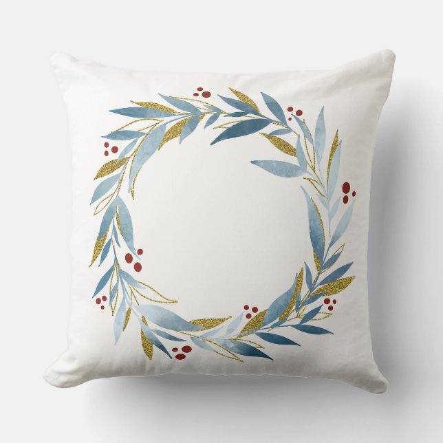 Winter Christmas Wreath from Blue Gold Branches Throw Pillow (Front)