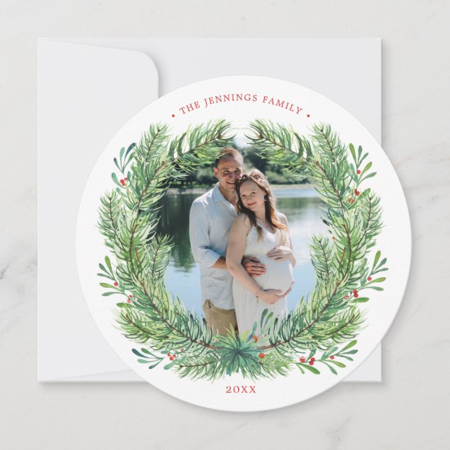 Winter Christmas Wreath Photo Holiday Card (Front)