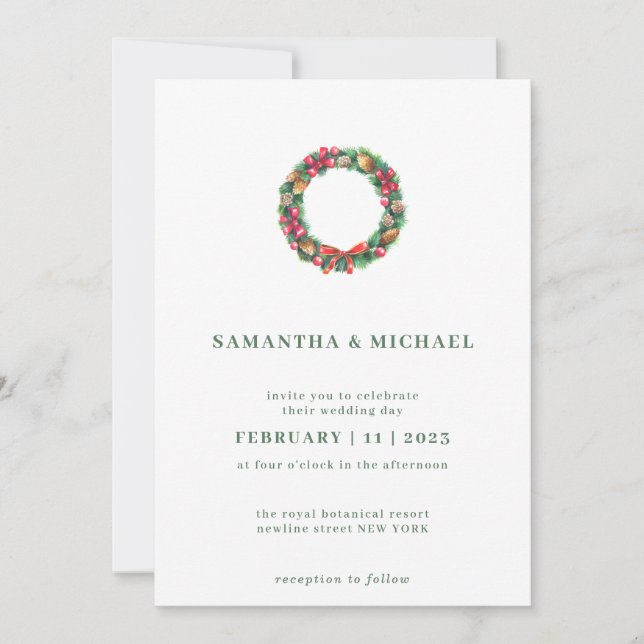 Winter Christmas Wreath Simple Elegant Wedding Invitation (Front)
