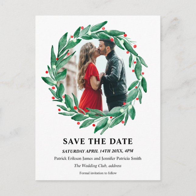 Winter Christmas wreath wedding save the date Announcement Postcard (Front)