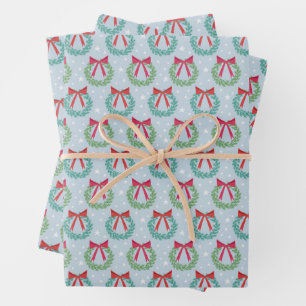 Winter Christmas Wreaths with Bows Retro Inspired Wrapping Paper Sheets