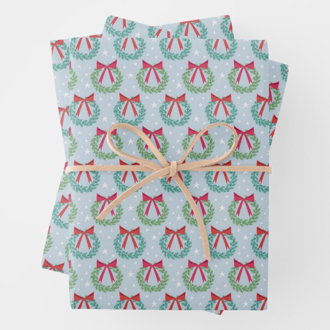 Winter Christmas Wreaths with Bows Retro Inspired  Wrapping Paper Sheets (In situ)