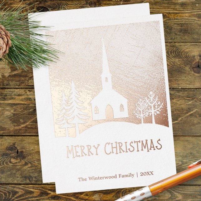 Winter Church in Snow Personalized Merry Christmas Foil Holiday Card (A Christmas card with church, trees and snow, and elegant shiny foil in gold, silver or rose gold)