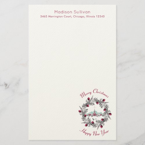 Winter Church with Christmas Wreath Personalized Stationery