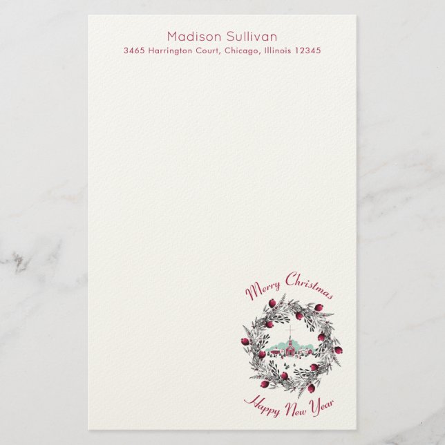 Winter Church with Christmas Wreath Personalized Stationery (Front)