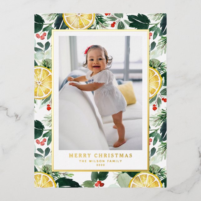 Winter Citrus and Greenery Pattern Christmas Photo Foil Holiday Postcard (Front)