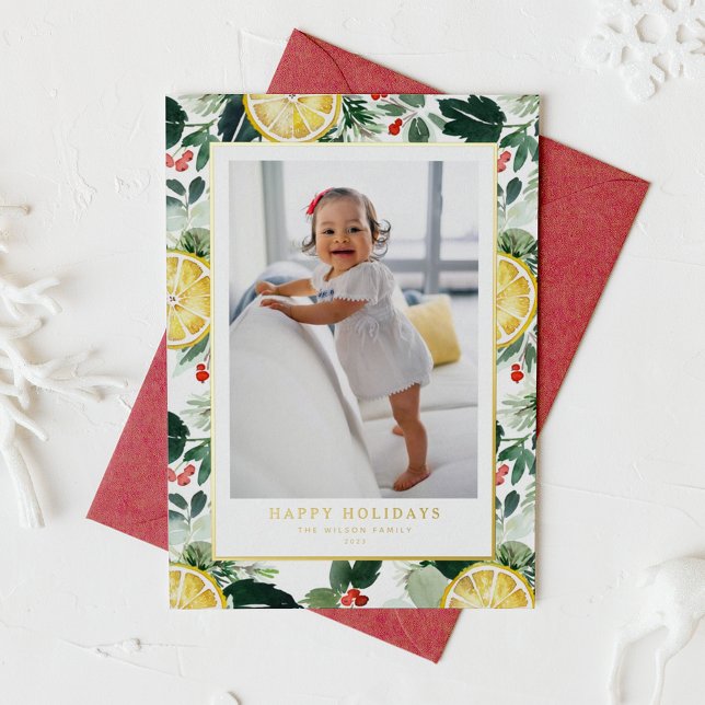 Winter Citrus and Greenery Pattern Photo Foil Holiday Card (Creator Uploaded)