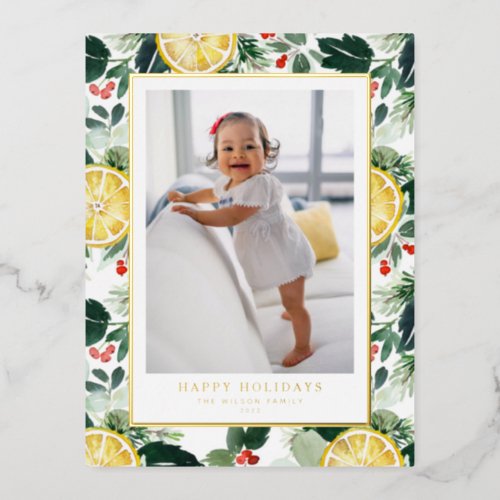Winter Citrus and Greenery Pattern Photo Foil Holiday Postcard