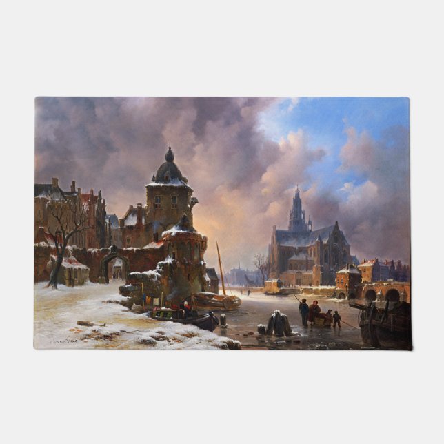 Winter Cityscape With Frozen River Classical Art Doormat (Front)