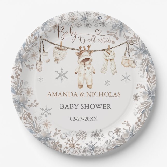 Winter Clothes Baby Cold Outside Baby Shower Paper Plates (Front)