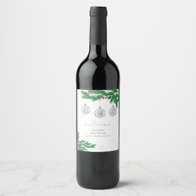 Winter Clothesline Ornaments Baby Shower Welcome  Wine Label (Front)