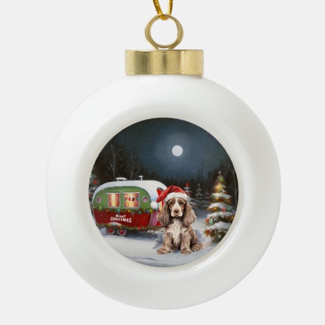 Winter Cocker Spaniel Caravan Christmas Adventure Ceramic Ball Christmas Ornament (Front)