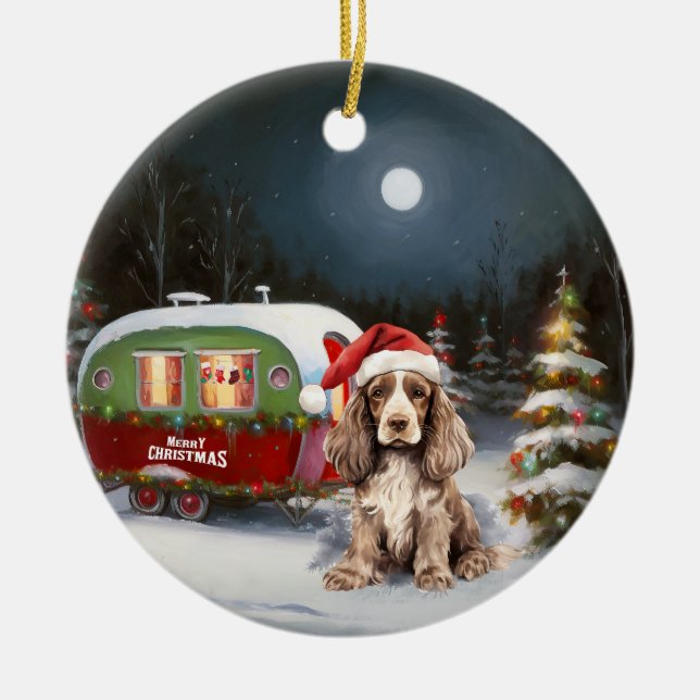 Winter Cocker Spaniel Caravan Christmas Adventure Ceramic Ornament (Front)