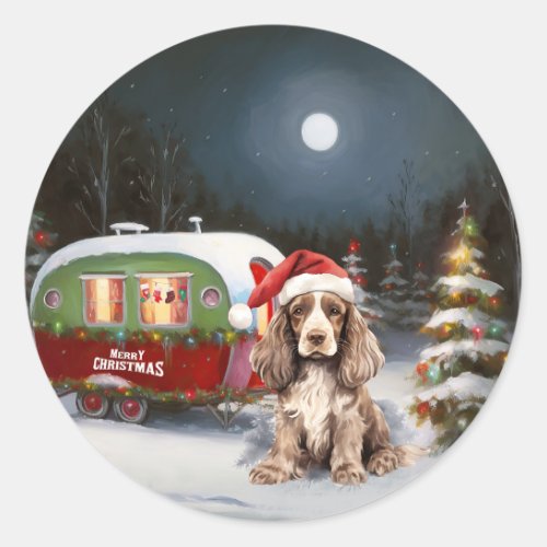 Winter Cocker Spaniel Caravan Christmas Adventure Classic Round Sticker