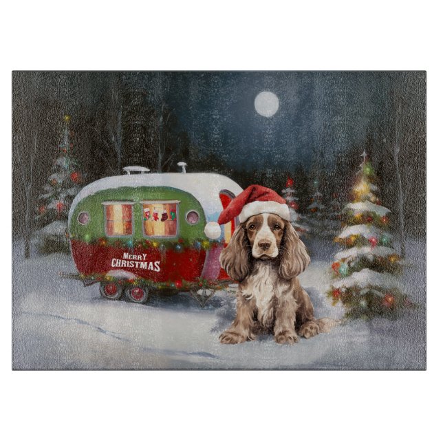 Winter Cocker Spaniel Caravan Christmas Adventure Cutting Board (Front)