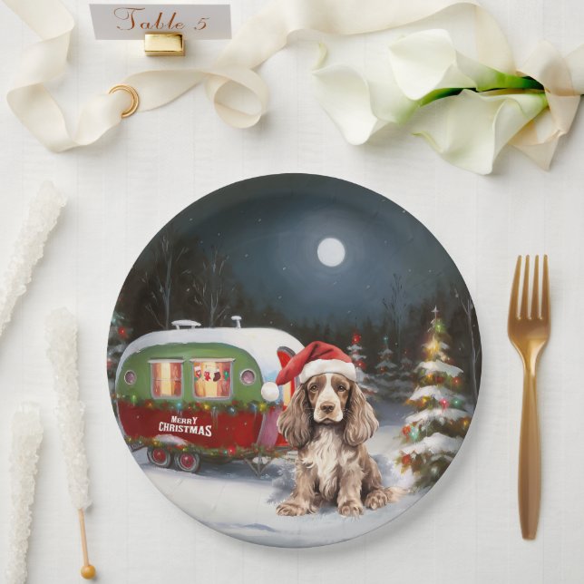 Winter Cocker Spaniel Caravan Christmas Adventure Paper Plates (Wedding)