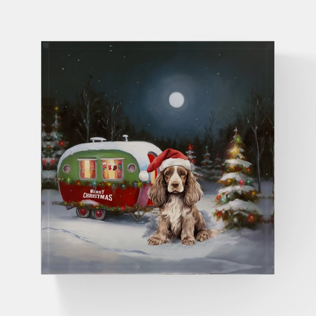 Winter Cocker Spaniel Caravan Christmas Adventure Paperweight (Front)
