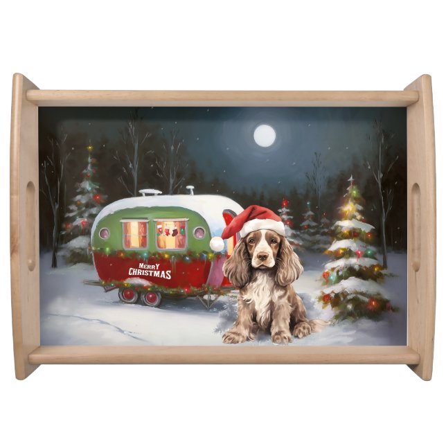 Winter Cocker Spaniel Caravan Christmas Adventure Serving Tray (Front)
