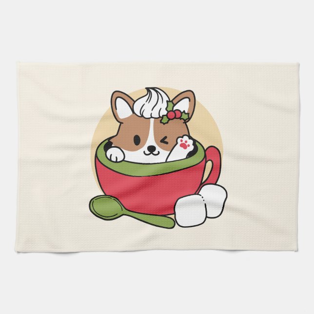 Winter Cocoa Bliss - Cute Dog in Mug Design Kitchen Towel (Horizontal)