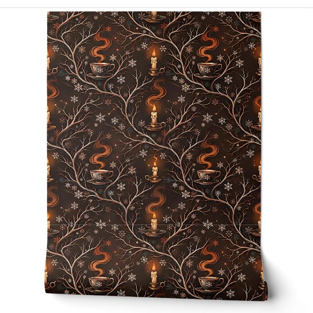 Winter Coffee and Candles Dark Academia Pattern Wallpaper (Unrolling)