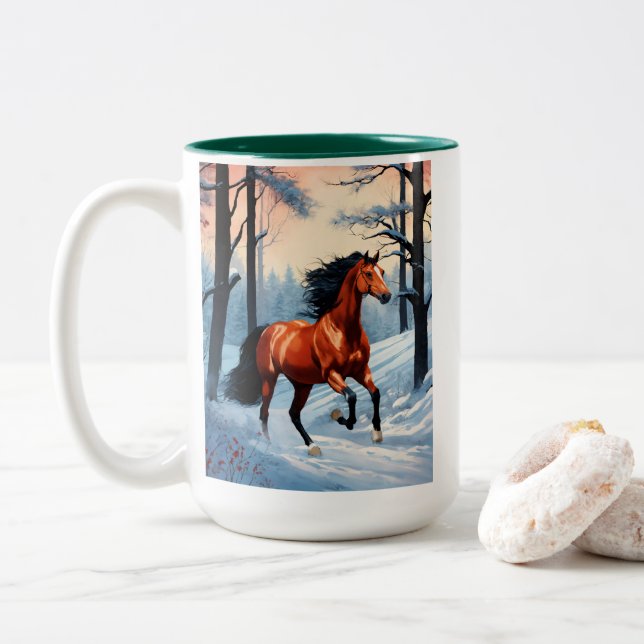 Winter Coffee Mug | Cozy Snow Horse Design Cup (With Donut)