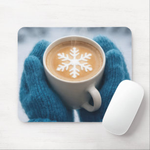 Winter Coffee With Mittens and Snowflake Mouse Pad