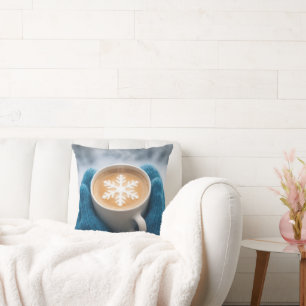 Winter Coffee With Mittens and Snowflake Throw Pillow