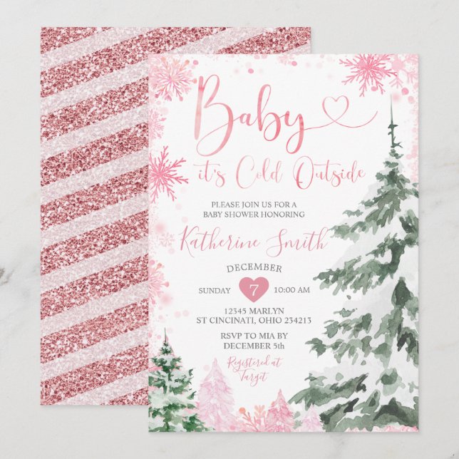 Winter Cold Baby Shower Forest Pink Snowflakes Invitation (Front/Back)