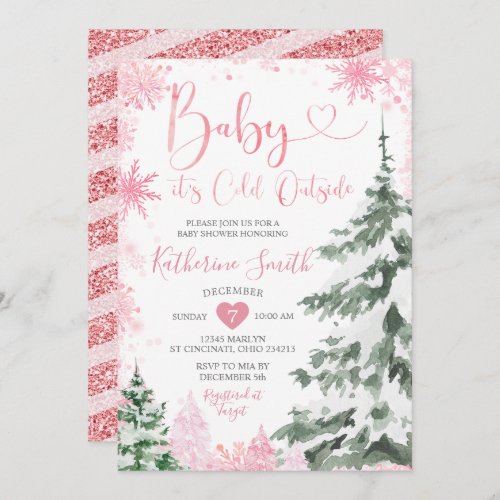 Winter Cold Baby Shower Forest Pink Snowflakes Invitation