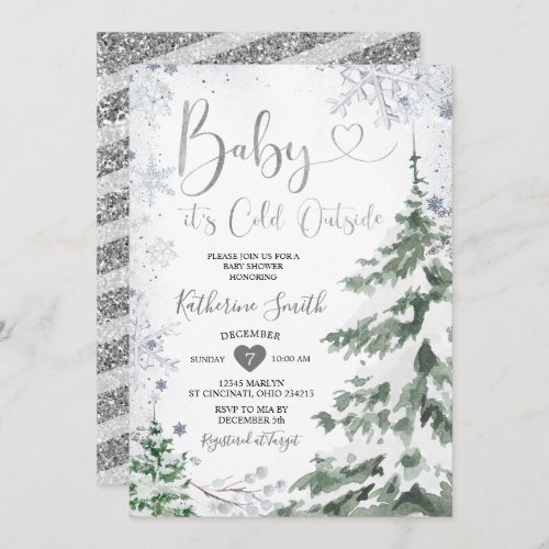 Winter Cold Baby Shower Forest Silver Snowflakes Invitation